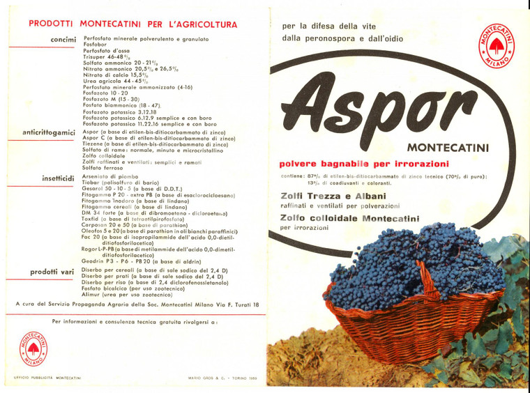 1959 MILANO Ditta MONTECATINI - ASPOR contro la peronospora *Pubblicitario