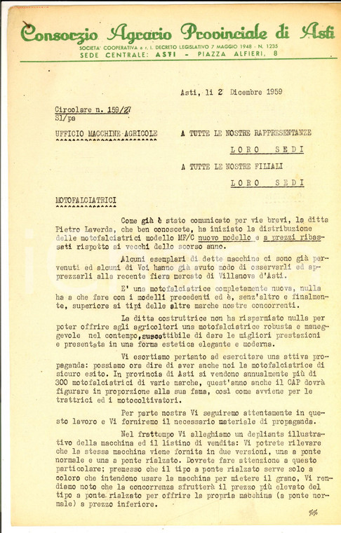 1959 ASTI Consorzio Agrario Provinciale - Nuova motofalciatrice LAVERDA *Lettera