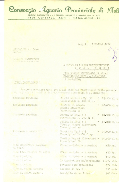 1962 ASTI Consorzio Agrario Provinciale - Nuovi prezzi olio e zucchero semolato