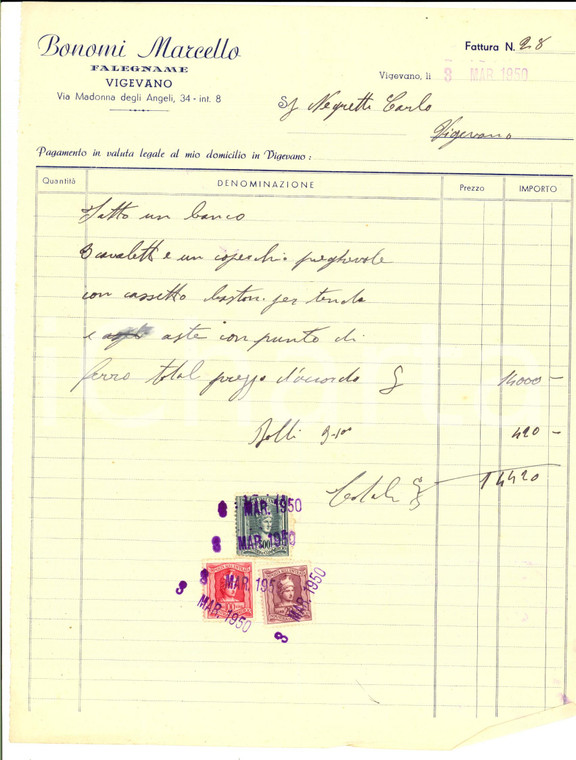 1950 VIGEVANO (PV) Falegname Marcello BONOMI *Fattura per costruzione banco