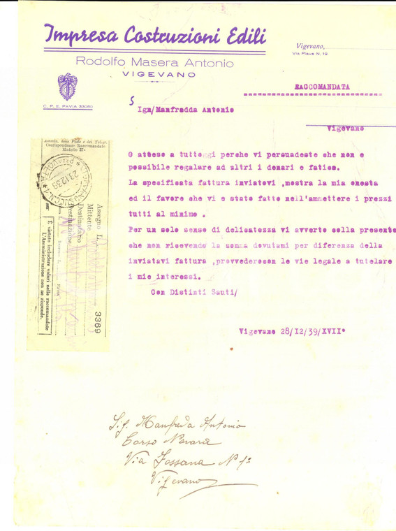 1939 VIGEVANO (PV) Impresa Costruzioni Edili Rodolfo MASERA *Lettera