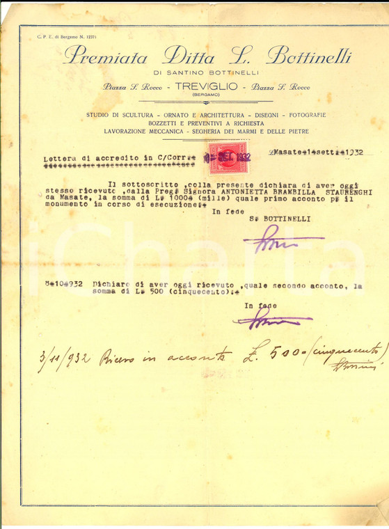 1932 TREVIGLIO (BG) Premiata ditta L. BOTTINELLI Scultura e marmi *Ricevuta