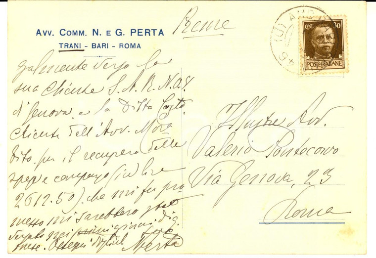 1933 TRANI Avv. Nicola PERTA avvia azione legale pro cliente *Autografo