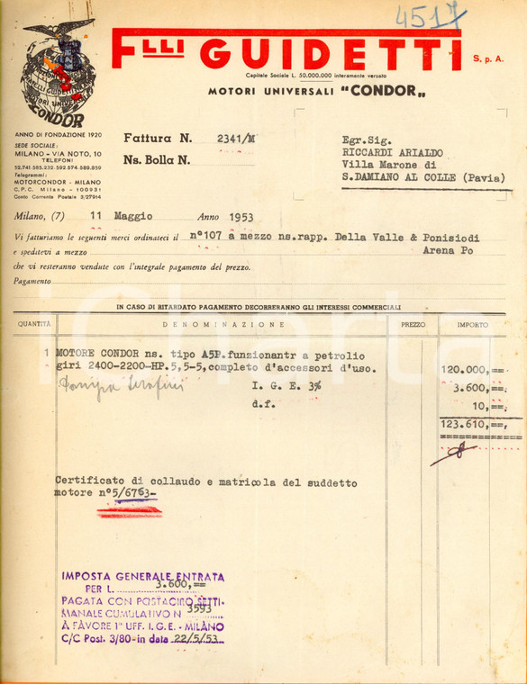 1953 MILANO Fratelli GUIDETTI - Costruzioni meccaniche e motori CONDOR *Fattura