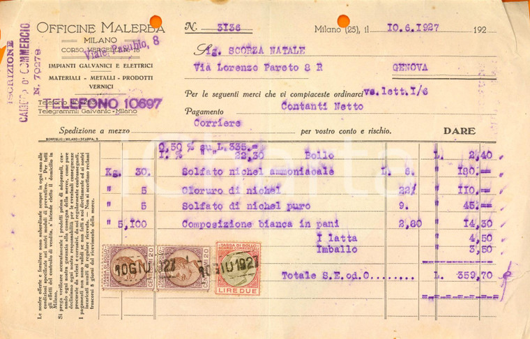 1927 MILANO Officine MALERBA - Impianti galvanici e vernici *Fattura intestata