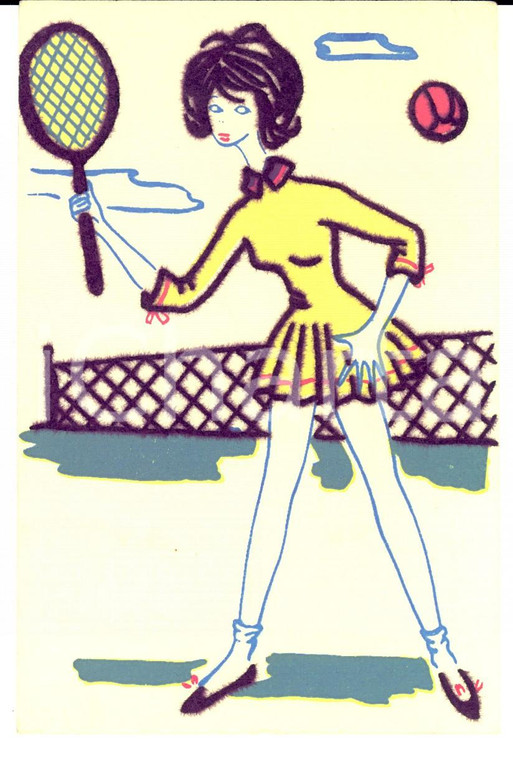 1970 ca Una bella tennista in azione *Cartolina postale VINTAGE RICAMATA