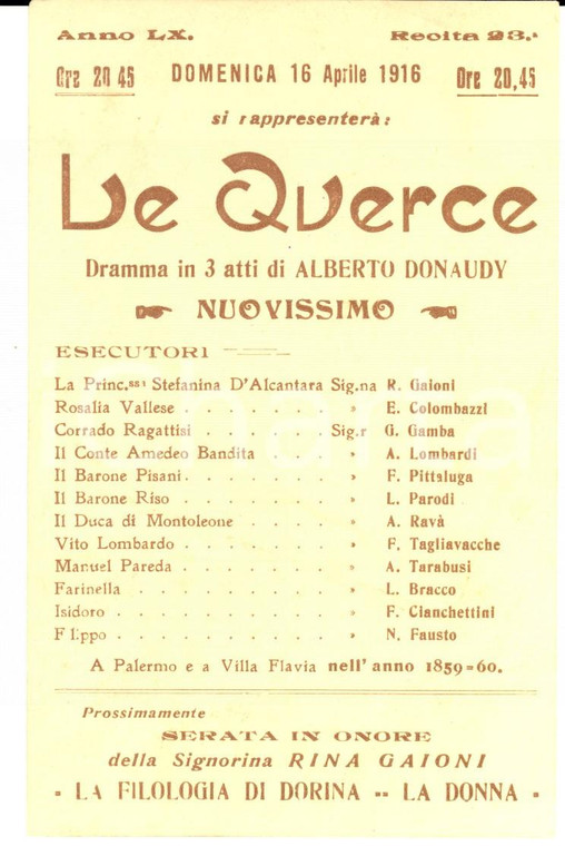 1916 TEATRO PALERMO Villa Flavia - Le querce"con Rina GAIONI *Pubblicitario"