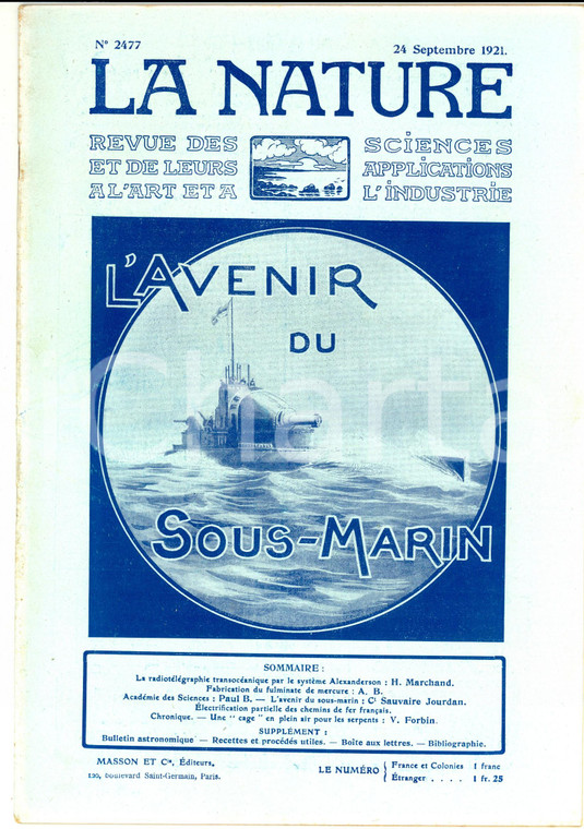 1921 LA NATURE L'avenir du sous-marin *Revue ILLUSTREE SCIENCE n° 2477