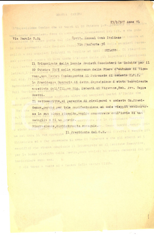 1927 VIGEVANO (PV) Mostra Canina per la Fiera d'autunno *Lettera DANNEGGIATA