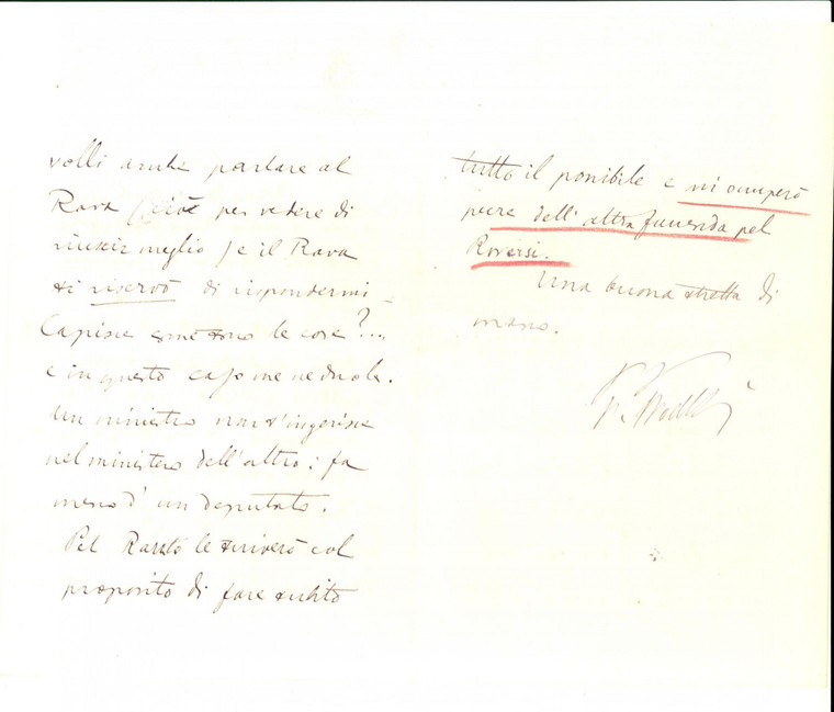 1896 Un ministro non s'ingerisce nel ministero altrui *Autografo Paolo BOSELLI