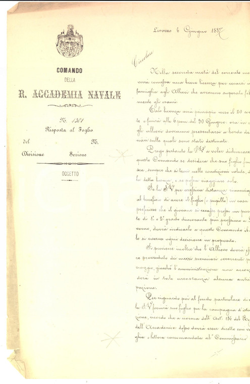 1887 LIVORNO Regia Accademia Navale - Licenza agli alunni che superano gli esami
