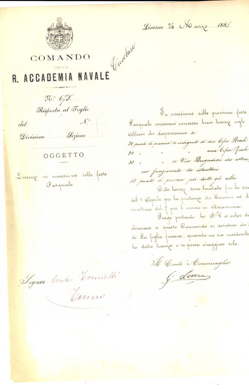 1885 LIVORNO Regia Accademia Navale - Licenza agli alunni per le feste pasquali