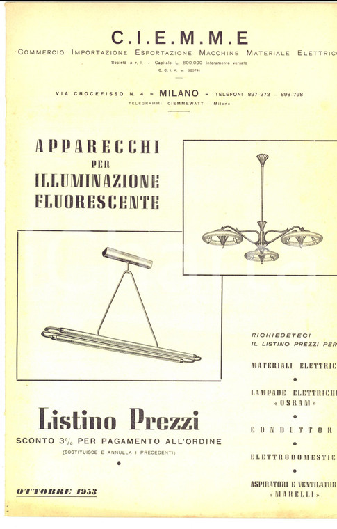 1953 MILANO Listino CIEMME Apparecchi illuminazione fluorescente ILLUSTRATO