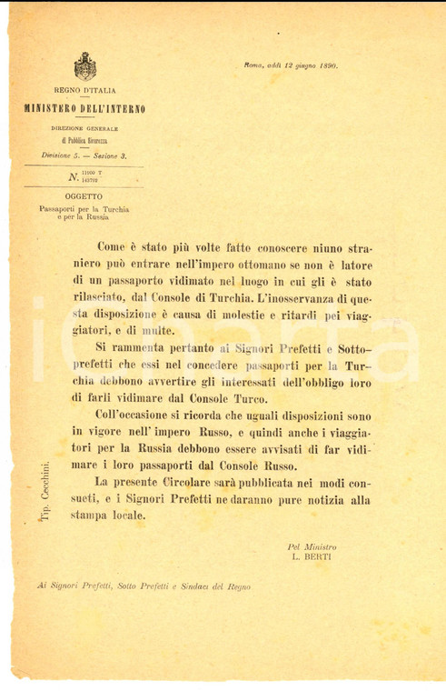 1890 ROMA Norme sui passaporti per Turchia e Russia *Lettera circolare