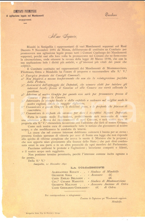 1891 SENIGALLIA Agitazione legale dei comuni capoluogo dei mandamenti soppressi