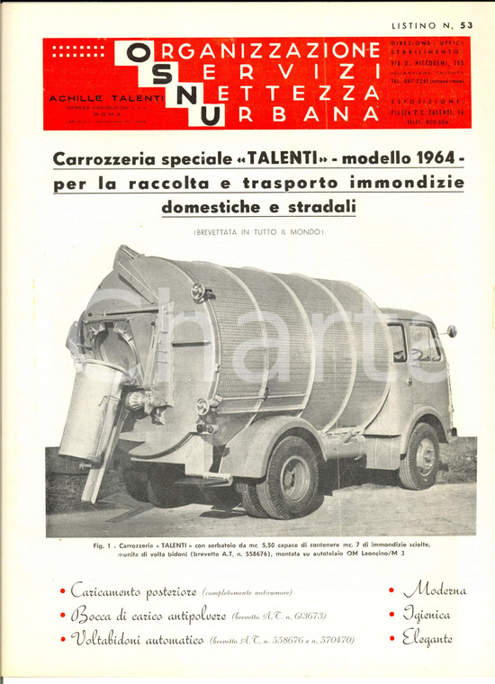 1964 ROMA Ditta Achille TALENTI Camion raccolta immondizie *Pubblicitario