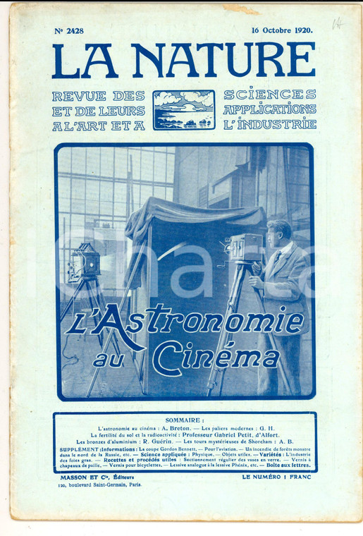 1920 LA NATURE L'astronomie au cinéma *Revue ILLUSTREE SCIENCE n° 2428