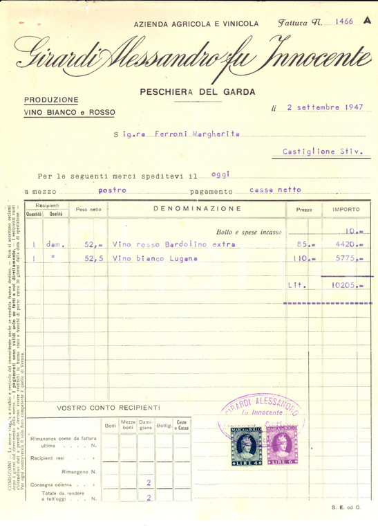 1947 PESCHIERA DEL GARDA Ditta Alessandro GIRARDI *Fattura intestata per vino