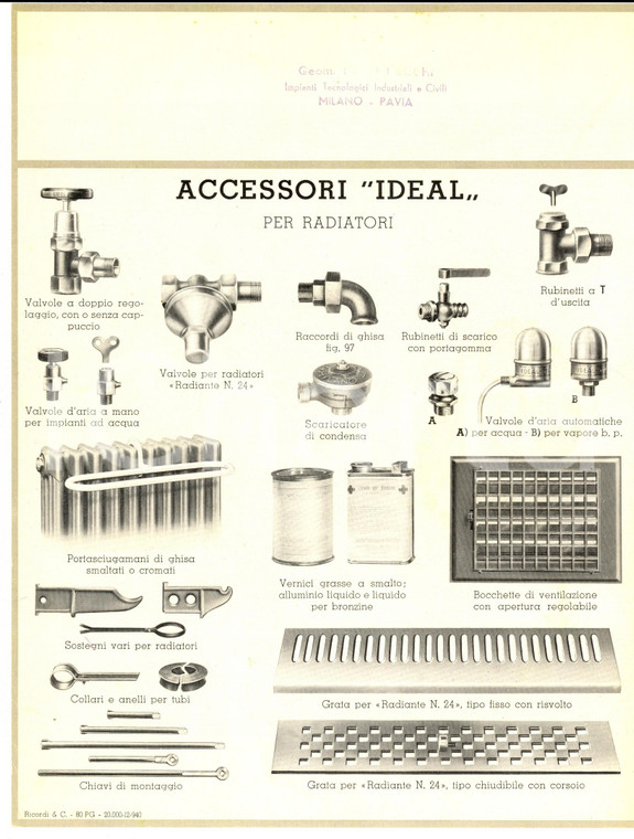 1940 PAVIA Geom. Nino NECCHI Accessori IDEAL per radiatori *Scheda ILLUSTRATA