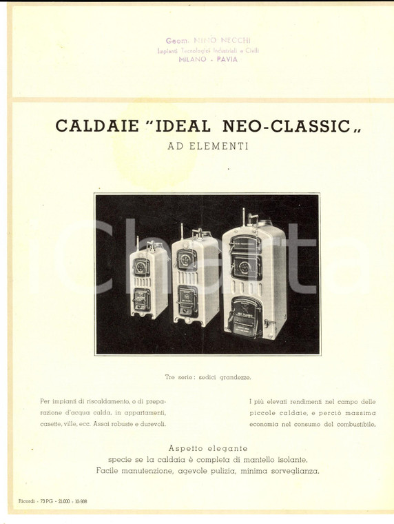 1938 PAVIA Geom. Nino NECCHI Caldaie IDEAL neo-classic *Scheda ILLUSTRATA