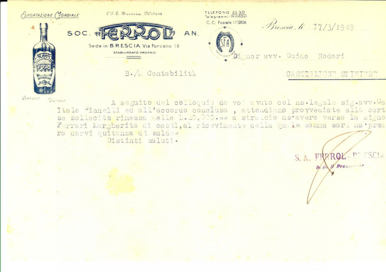 1949 BRESCIA Società FERROL liquori *Lettera commerciale intestata