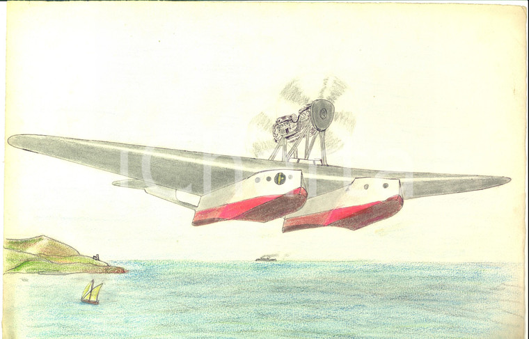 1950 ca ARTE Un aeroplano in volo sul mare *Disegno C. BAROLA su carta