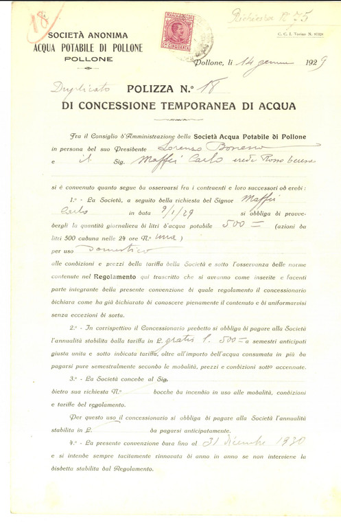 1929 POLLONE (BI) Società Anonima ACQUA POTABILE Polizza a Carlo MAFFEI