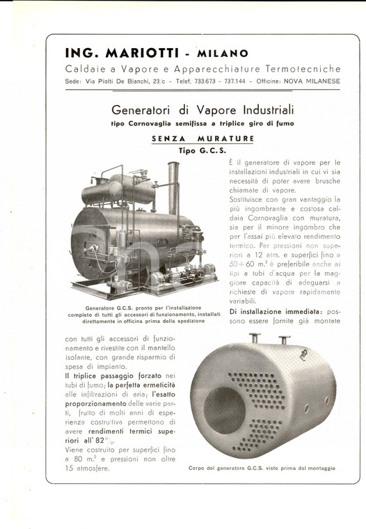 1950 ca MILANO ING. MARIOTTI - Generatori di vapore tipo CORNOVAGLIA *Pubblicità