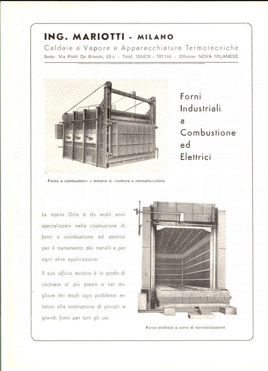 1950 ca MILANO ING. MARIOTTI - Forni industriali a combustione *Pubblicità