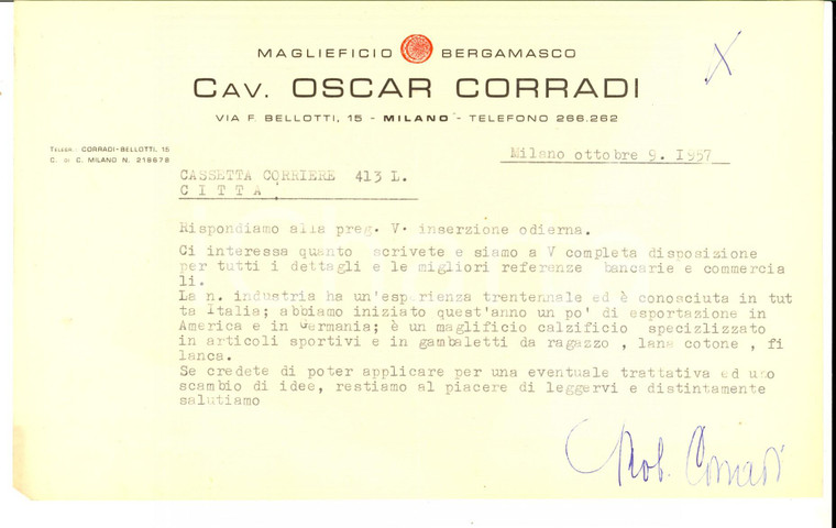 1957 MILANO Maglificio bergamasco cav. Oscar CORRADI *Lettera carta intestata