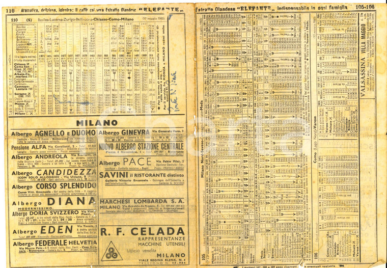 1943 WW2 Orario ferrovie linee MILANO NORD-MEDA COMO-VARESE BASILEA-MILANO