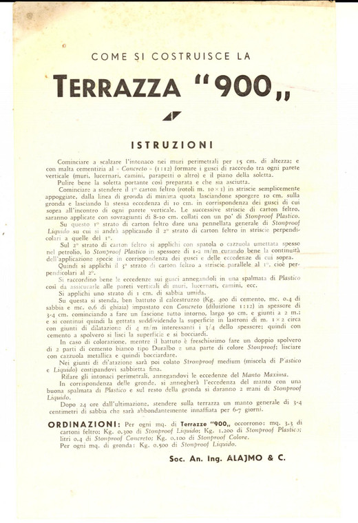 1950 ca MILANO Istruzione per la  TERRAZZA 900 Ditta ALAJMO *Volantino