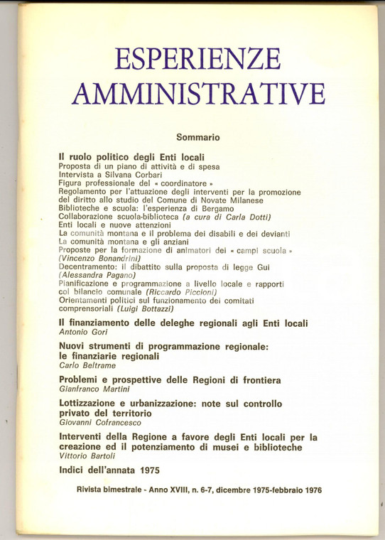 1976 ESPERIENZE AMMINISTRATIVE Potenziamento musei e biblioteche *Rivista n°6-7