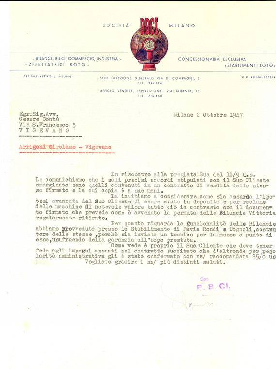 1947 MILANO Società BBCI Bilance e affettatrici *Lettera carta intestata