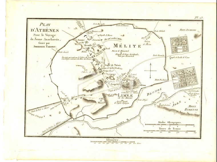 1830 Anacharsis en Grèce - Plan d'ATHENES *Gravure Ambroise TARDIEU pl. 13