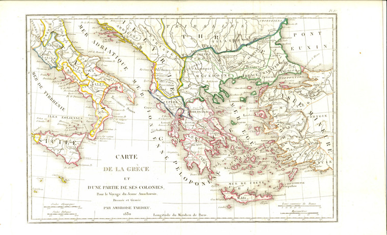 1830 Anacharsis en Grèce - Carte de la GRECE et de ses colonies *Gravure pl.1ère