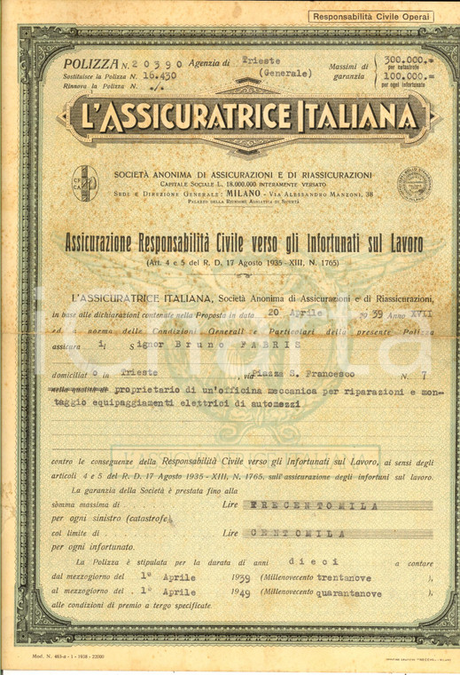 1939 TRIESTE ASSICURATRICE ITALIANA Polizza per infortuni sul lavoro