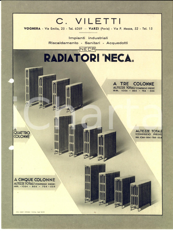 1940 VOGHERA (PV) Ditta VILETTI Radiatori NECA a colonne *Scheda ILLUSTRATA