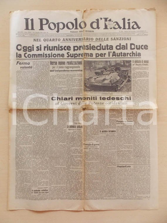 1939 POPOLO D'ITALIA Riunione Commissione Suprema Autarchia *Rivista DANNEGGIATA