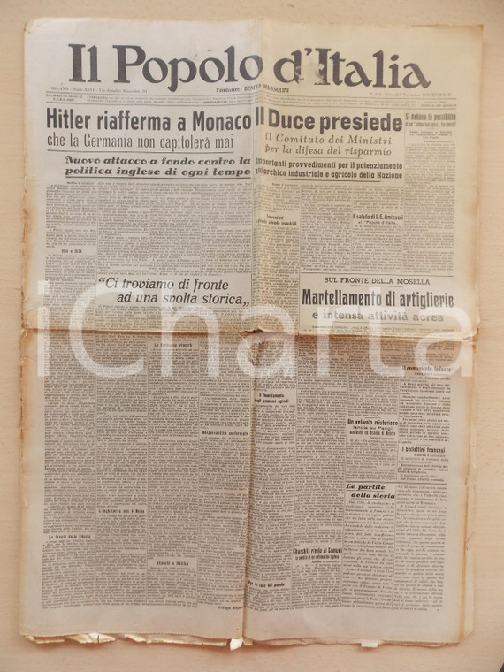 1939 IL POPOLO D'ITALIA Hitler riafferma che GERMANIA non capitolerà DANNEGGIATO