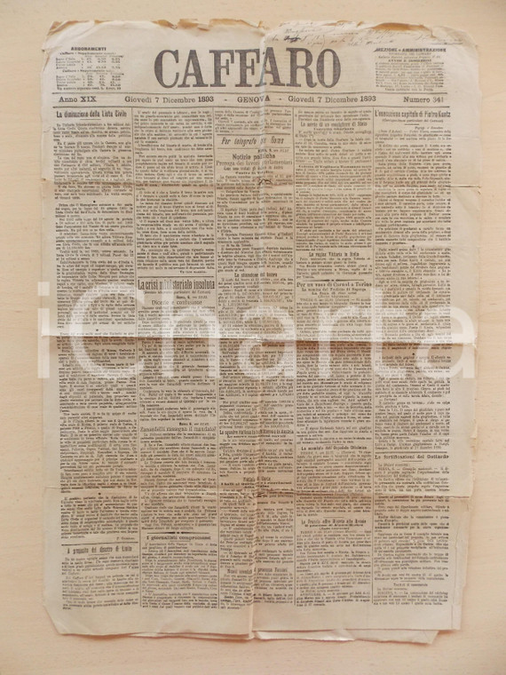 1893 GENOVA Giornale CAFFARO Esecuzione capitale di Pietro KUNTZ *Giornale