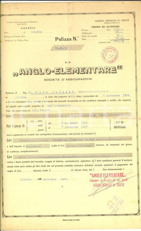 1926 TRIESTE Assicurazioni ANGLO-ELEMENTARE Polizza contro i danni incendio