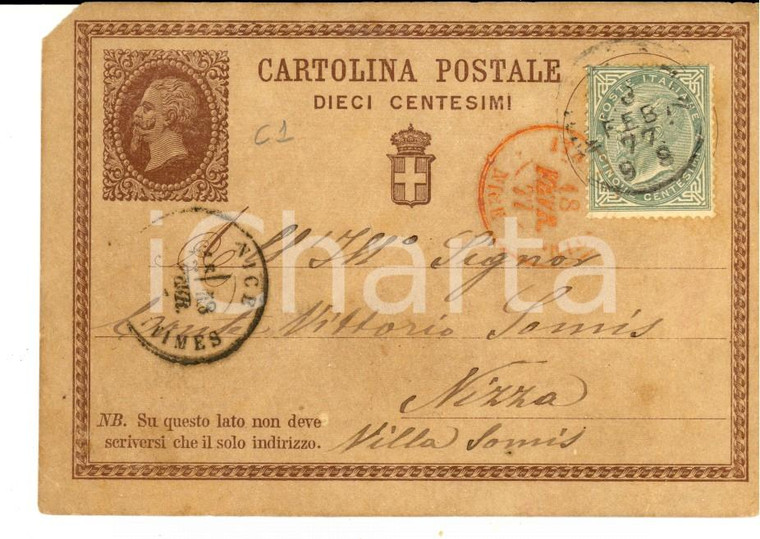 1877 Senatore SALVI spedisce libri al conte Vittorio SOMIS *Cartolina postale