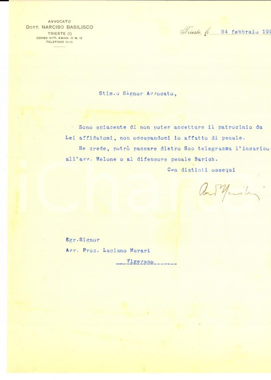 1926 TRIESTE Avv. Narciso BASILISCO rifiuta un patrocinio legale *Lettera 
