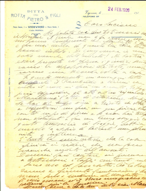 1926 VIGEVANO Ditta Pietro ROTTA sulla testimonianza di un matto a un processo
