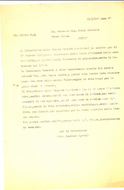 1927 VIGEVANO (PV) Mostra Canina per la Fiera d'autunno *Lettera 