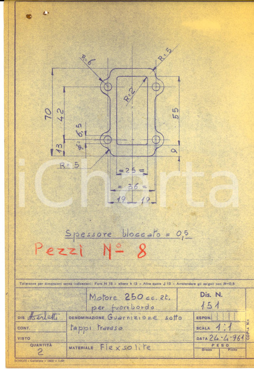 1961 NAUTICA Motore 250 cc fuoribordo - Guarnizione sotto tappi travaso *Disegno