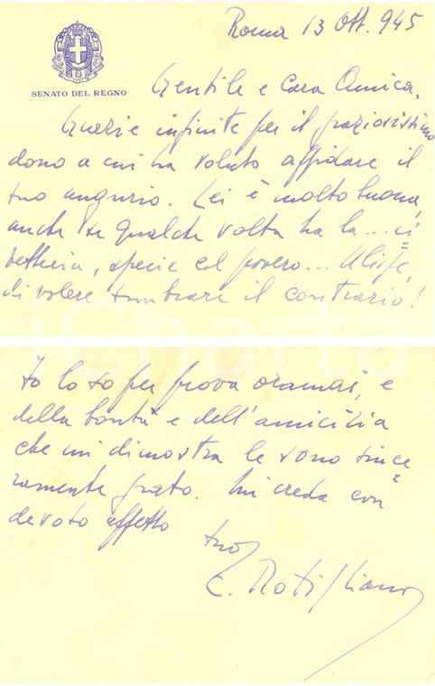 1945 ROMA Senatore Edoardo ROTIGLIANO ringrazia per un dono *Autografo