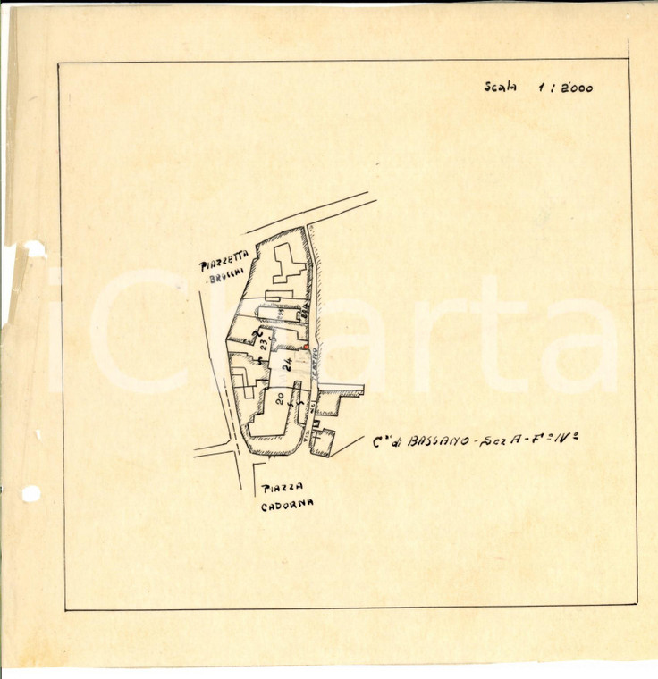 1940 ca BASSANO DEL GRAPPA (VI) Planimetria area piazzetta BROCCHI 22x21