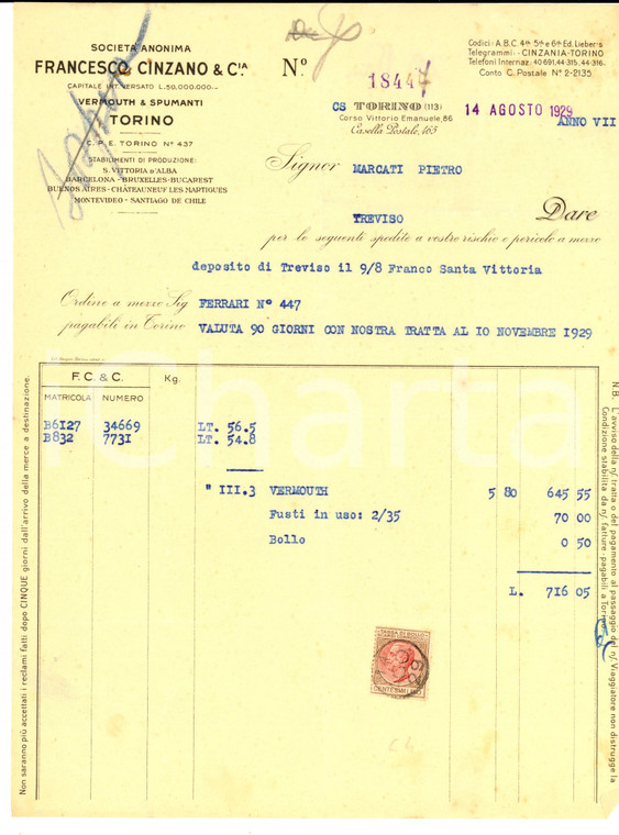 1929 TORINO Società  Francesco CINZANO vermouth & spumanti *Fattura intestata